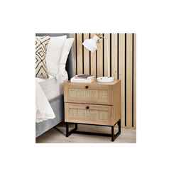 Premium Rattan Oak-Finish Bedside Drawer - 2 Drawers