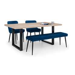 Berwick Dining Table, Luxe Low Blue Bench & 2 Luxe Blue Chairs