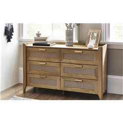 Sleek 6 Drawer Rattan Oak Wide Chest