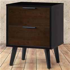 Walnut Oak and Matt Black 2 Drawer Bedside Table