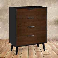 Walnut Oak and Matt Black Wide Chest of Drawers (4 Drawers)