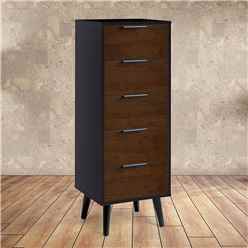 Walnut Oak and Matt Black Narrow Chest of Drawers (5 Drawers)