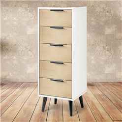 Oak and Matt White Narrow Chest of Drawers (5 Drawers)